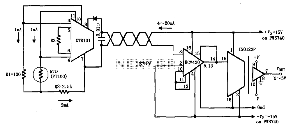 4 ~ 20mA loop detection instrumentation amplifier circuit diagram ISO122P 124 XTR101 RCV420 – Circuit Schematic