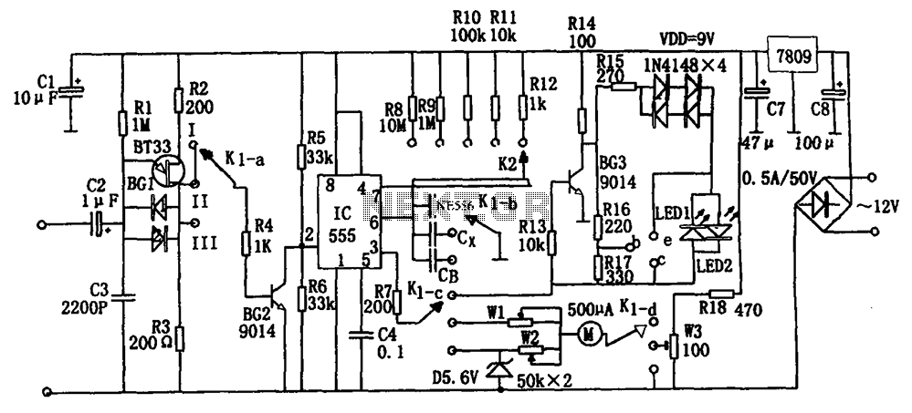 555 capacitance frequency transistor-line detector – Circuit Schematic