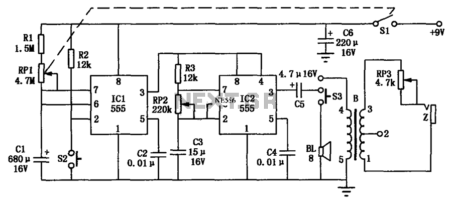 555 consisting of portable electronic timing hypnosis massage – Circuit Schematic