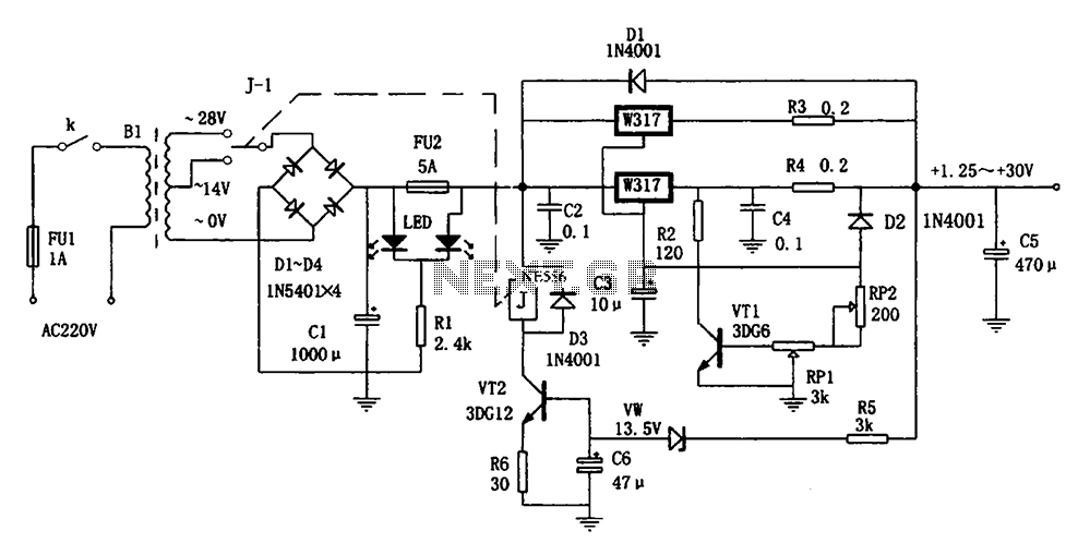 Adaptive configuration LM317 adjustable power supply circuit