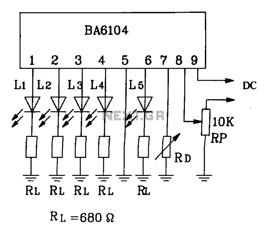 BA6104 Five-digit LED level meter driver IC Basic Application Circuit – Circuit Schematic