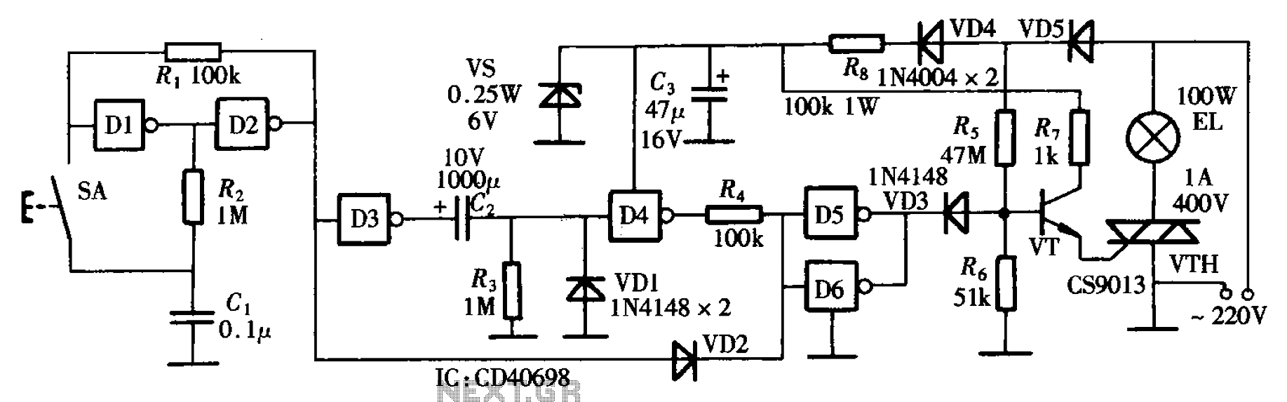 Bedside lamp gates as delay circuit – Circuit Schematic