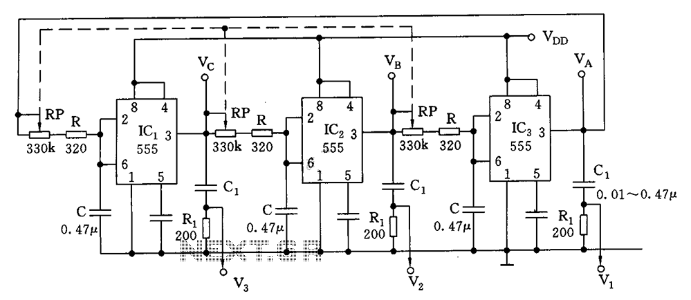 Closed-loop three-phase multivibrator circuit