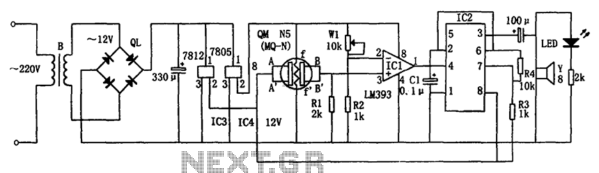 Combustible gas alarm circuit diagram 7812 7805 555 circuit