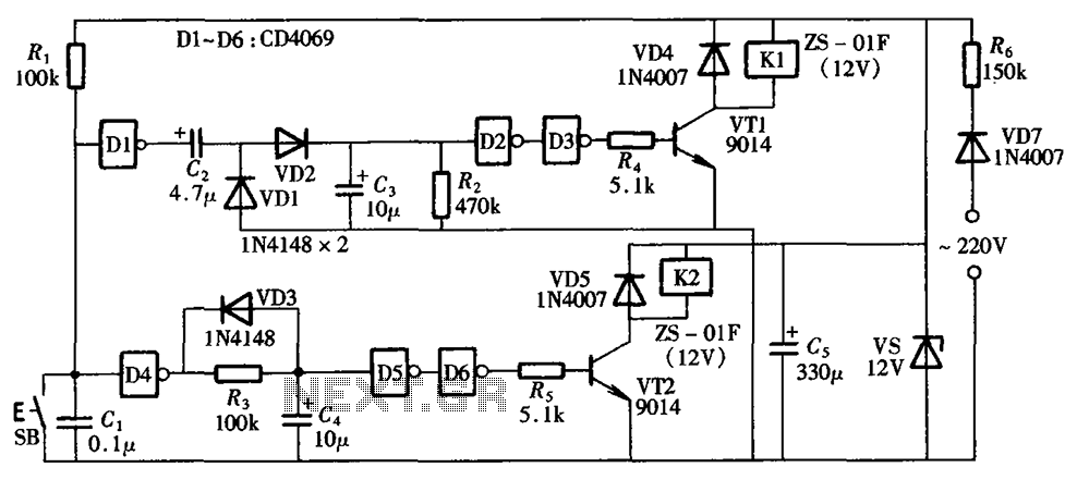 Dual power switch circuit diagram consisting of a single control button CD4069 – Circuit Schematic