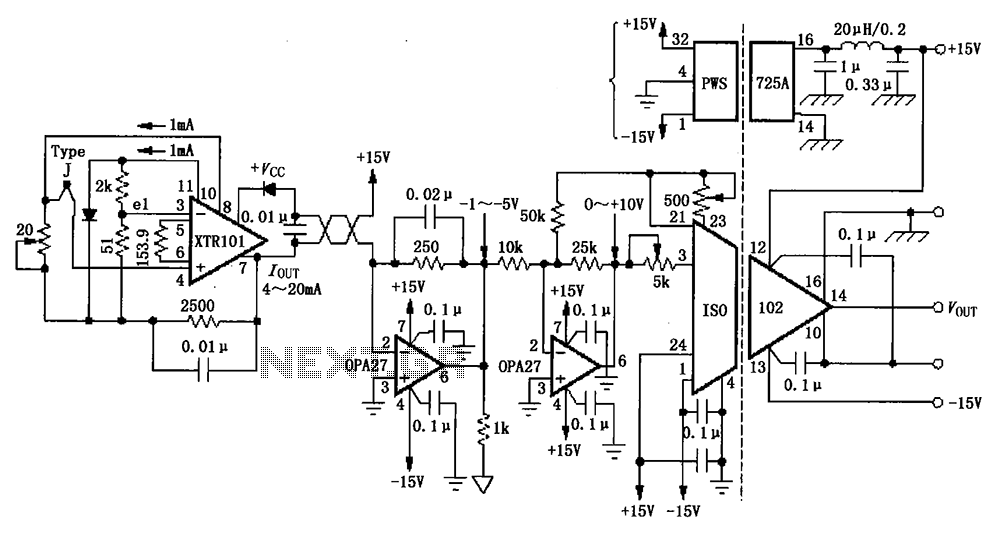 Having a cold junction compensation Remote Isolated Thermocouple transmitter circuit diagram ISO102 XTR101 – Circuit Schematic