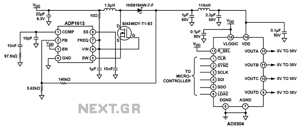 High voltage power supply and boost for the BST capacitor DAC provides a tuning signal circuit diagram circuit