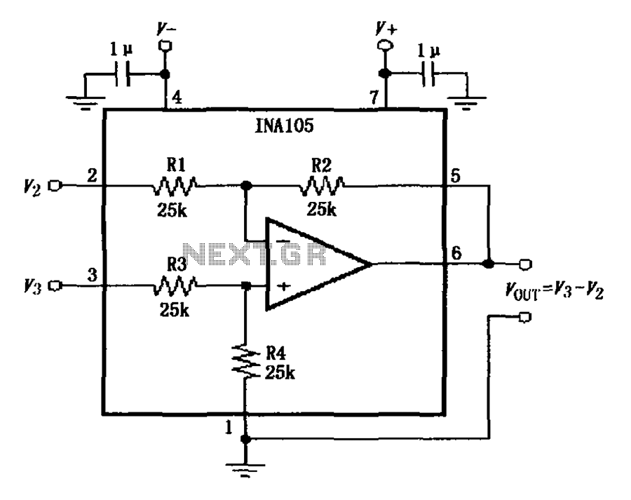 INA105 circuit diagram of the basic power and signal connections – Circuit Schematic