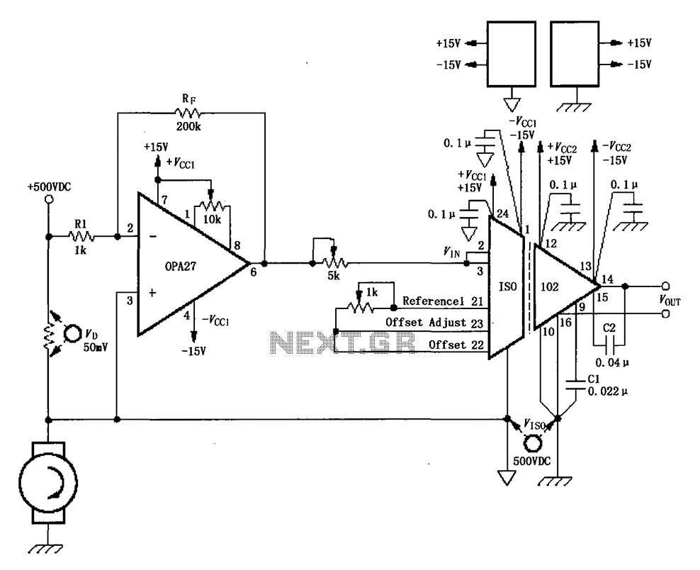 ISO102 and OPA27 schematic configuration measuring DC current 500VDV – Circuit Schematic