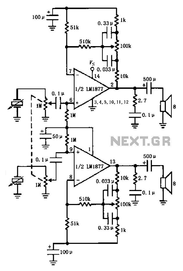 LM1877 amplifier having a control circuit diagram of the bass – Circuit Schematic