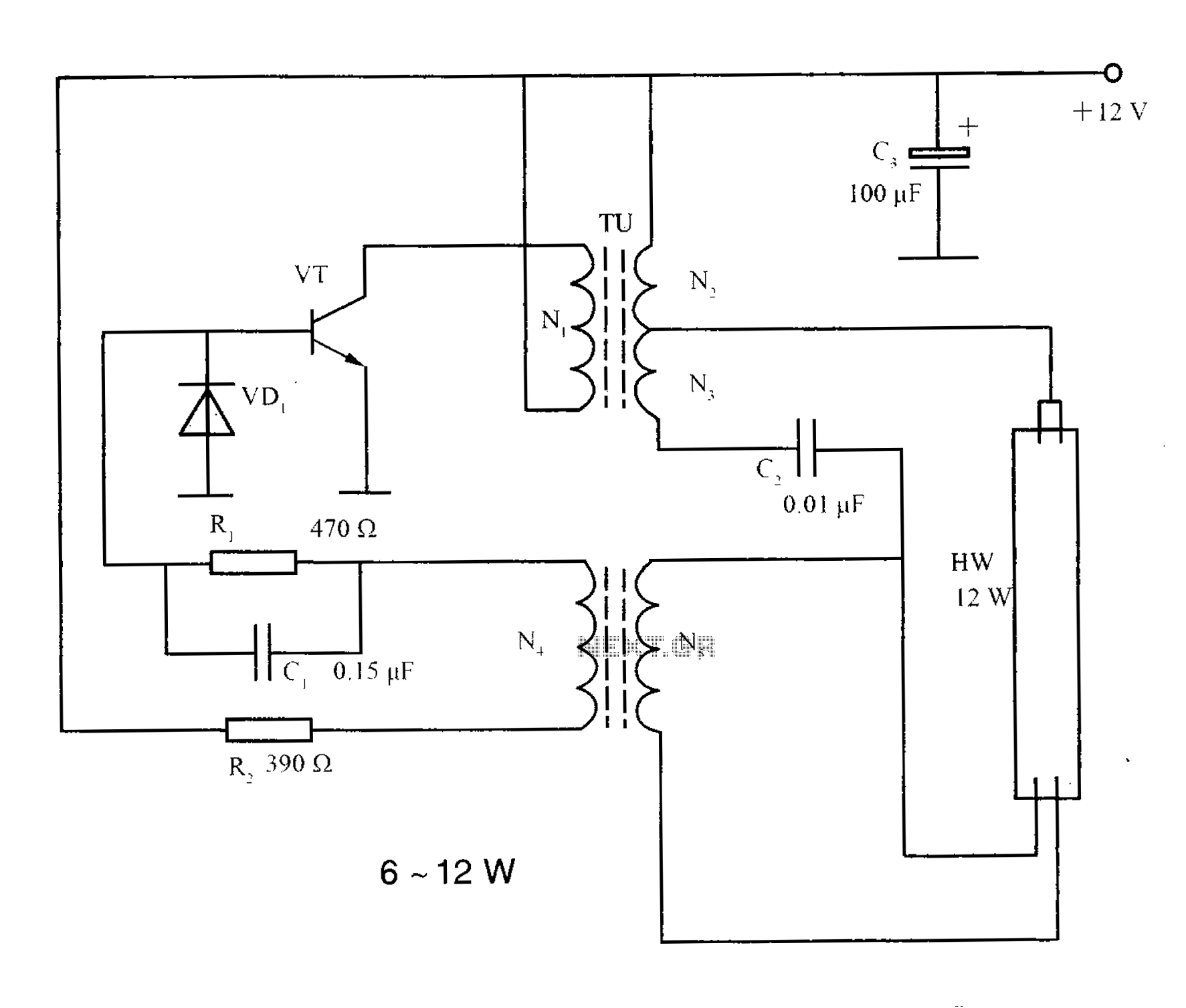 Lighting inverter circuit principle 6 ~ 12W fluorescent lamps – Circuit Schematic