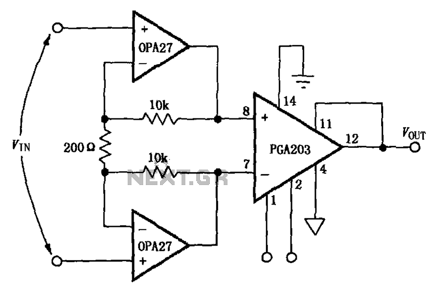 Low-noise differential amplifier circuit composed PGA203 and OPA27 – Circuit Schematic