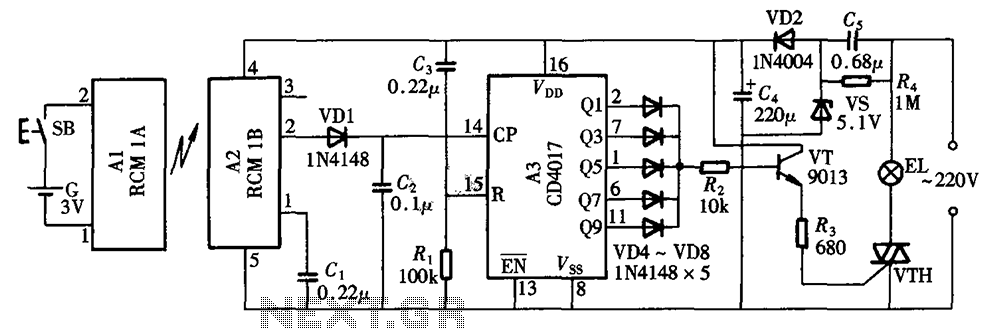 Radio remote control lighting switch CD4017 RCM1 schematic circuit