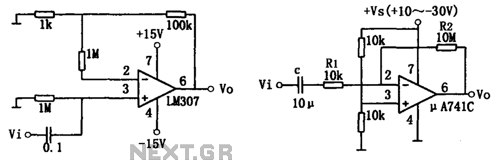 Simple audio amplifier LM307 A741 circuit