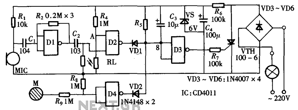 Sound and light control touch delay saving switch integrated circuit diagram circuit