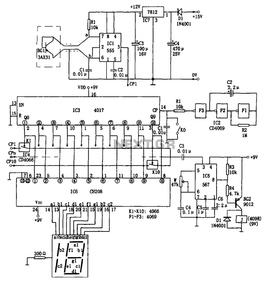 Ten Road temperature itinerant detecting circuit 555 CD4069 CH208 – Circuit Schematic