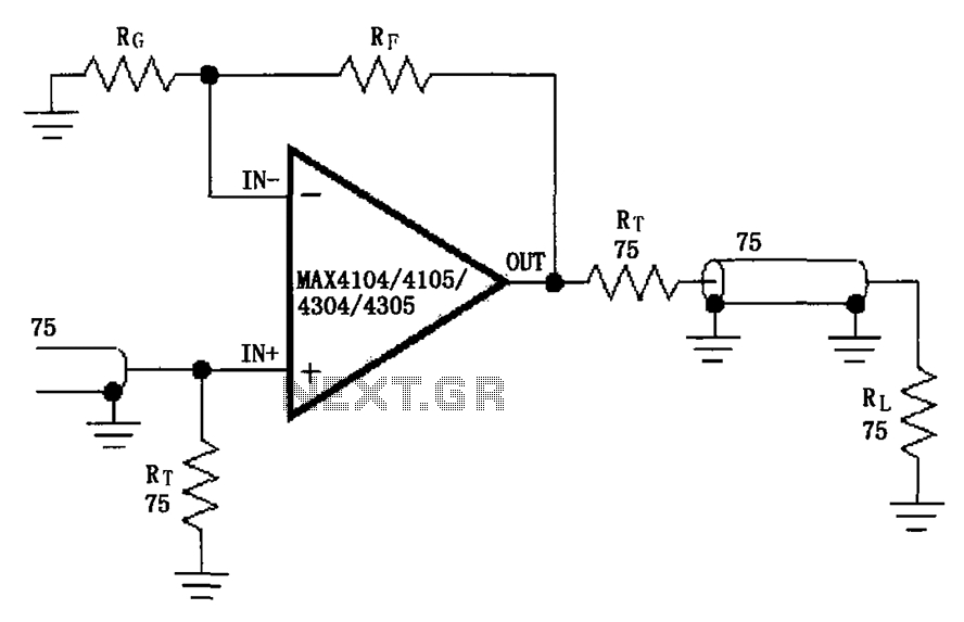Video cable driven by the MAX4104 4105 4304 4305 s an enlarged schematic circuit
