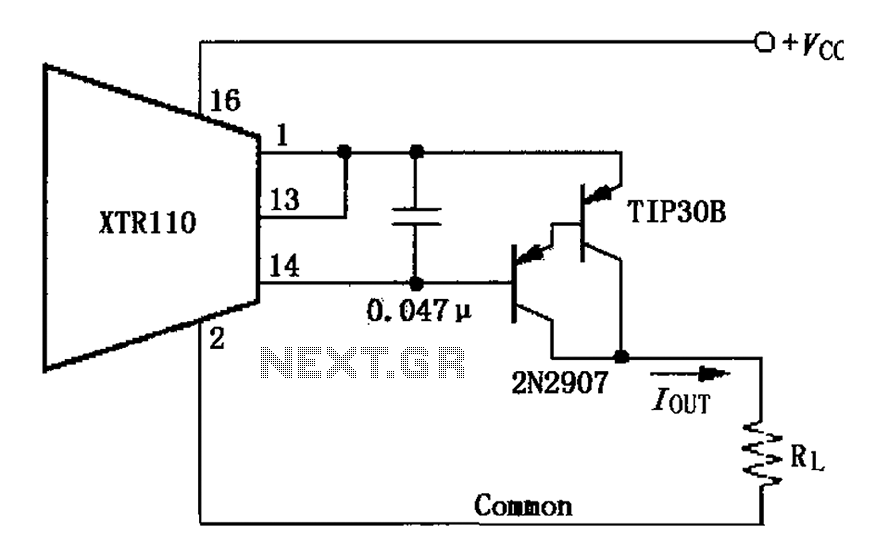 XTR110 circuit diagram using an external PNP transistor circuit