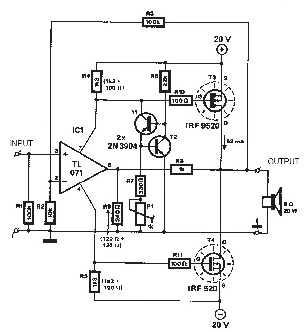 Mosfet Amplifier 20Watt Output Power Schematic Diagram circuit