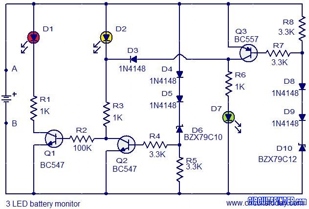 Circuit 3 LED battery monitor Schematic Diagram circuit