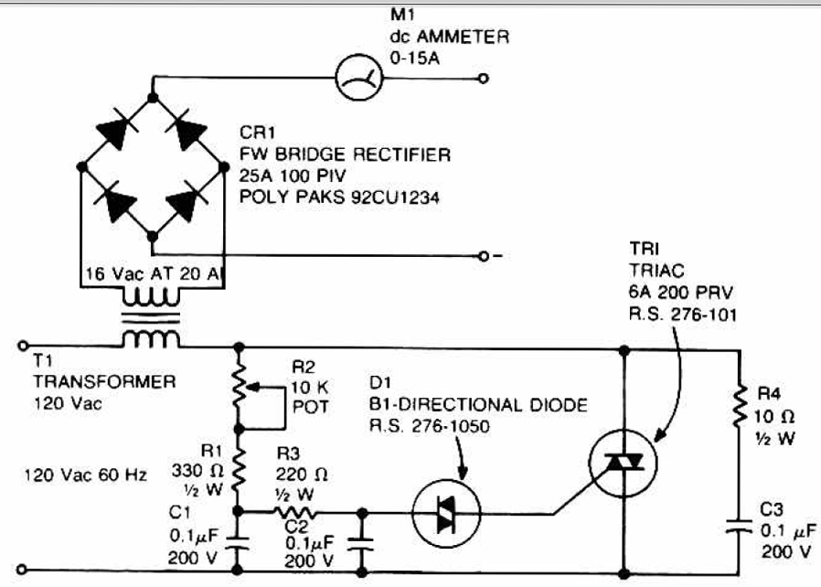 Accu charger use a diac and triac Schematic Diagram circuit