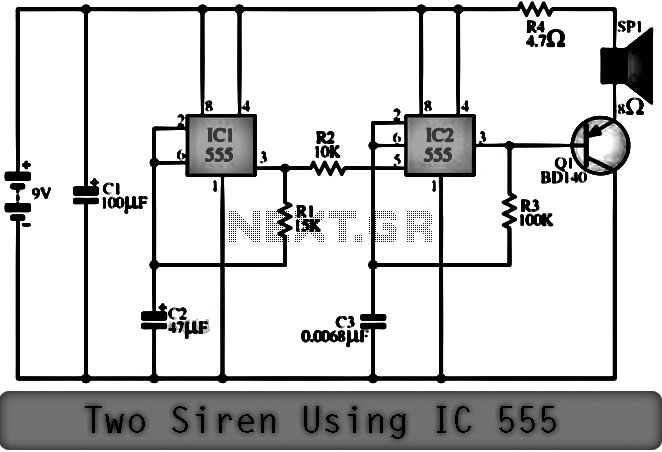 Two siren sound using ic 555 – Circuit Schematic