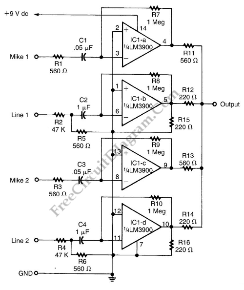 LM3900 Audio Mixer Schematic Diagram – Circuit Schematic