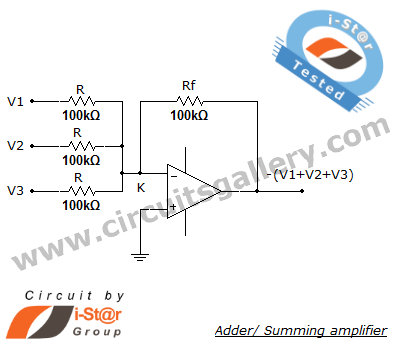Summing amplifier/ Inverting adder circuit using op amp 741 – Circuit Schematic