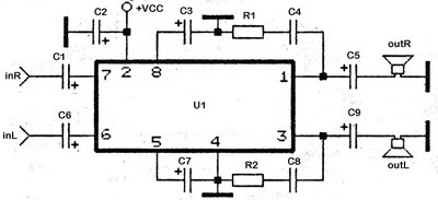 stereo tda2822 audio power amplifier – Circuit Schematic