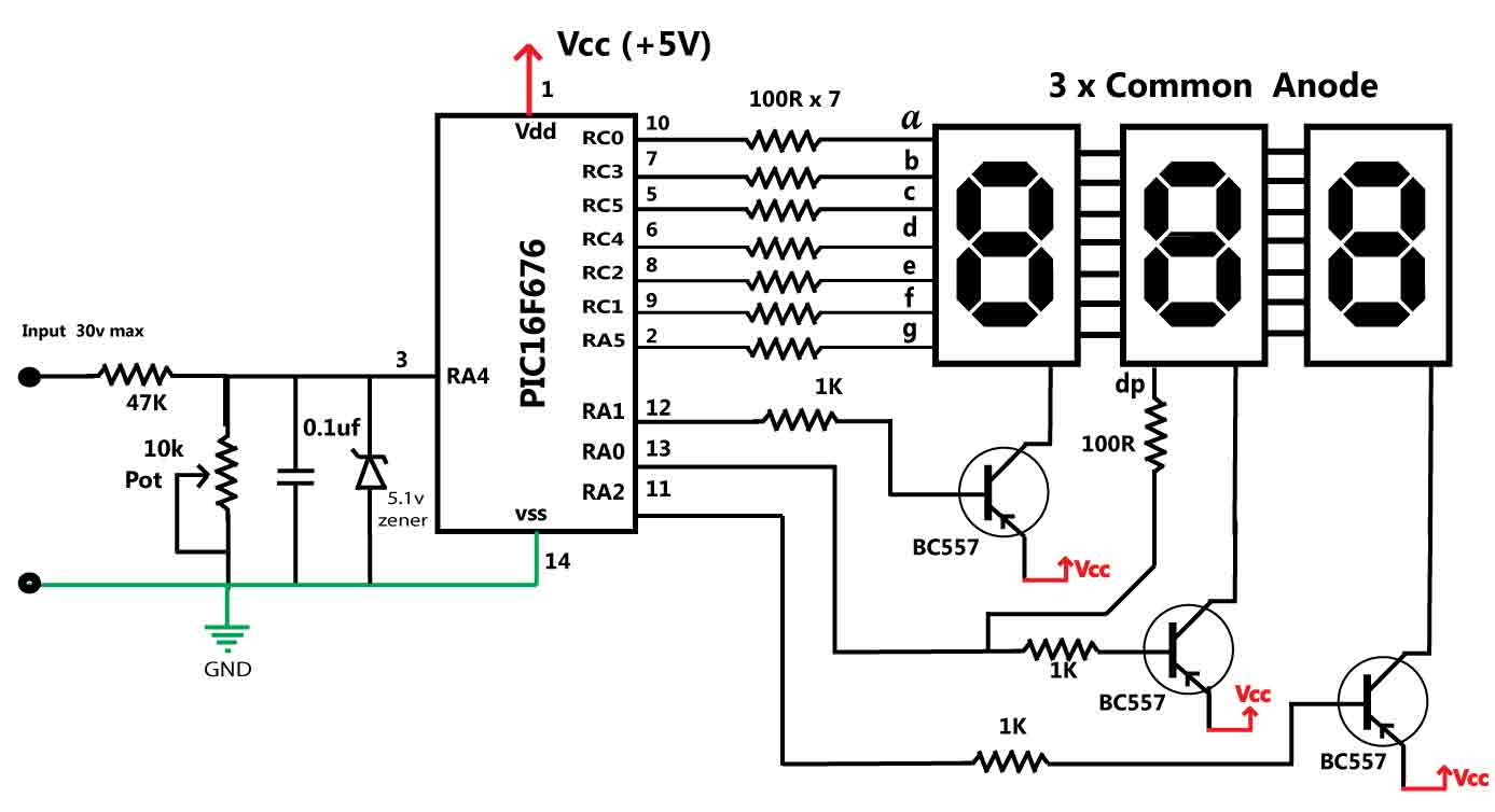 30 volts panel volt meter using pic mcu – Circuit Schematic