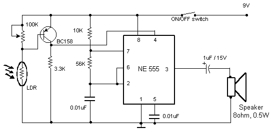 Simple Light Sensor Alarm circuit with NE555 – Circuit Schematic