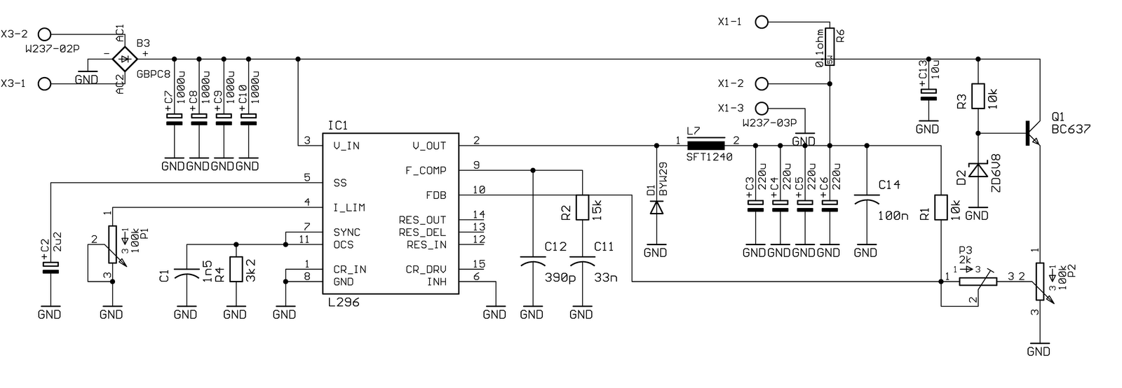 Switching power supply Regulator 0-40V 4A by L296 circuit