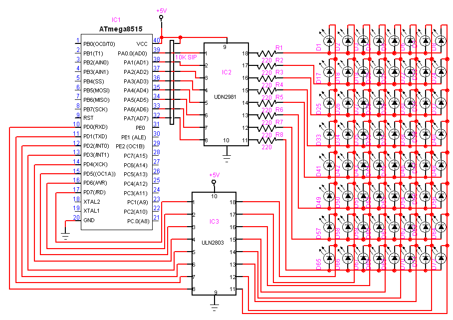 8G8 Dotmatrix Scrolling LED display using atmega8515 circuit