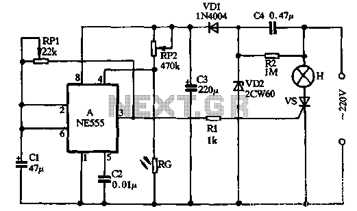 Flashing warning light produced by light control NE555 circuit