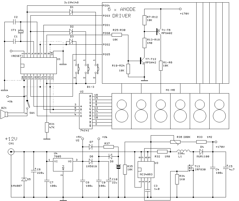 Digital Clock with 6 nixies – Circuit Schematic