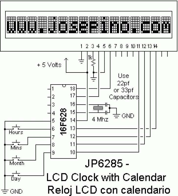 LCD digital Clock using PIC16F628 – Circuit Schematic