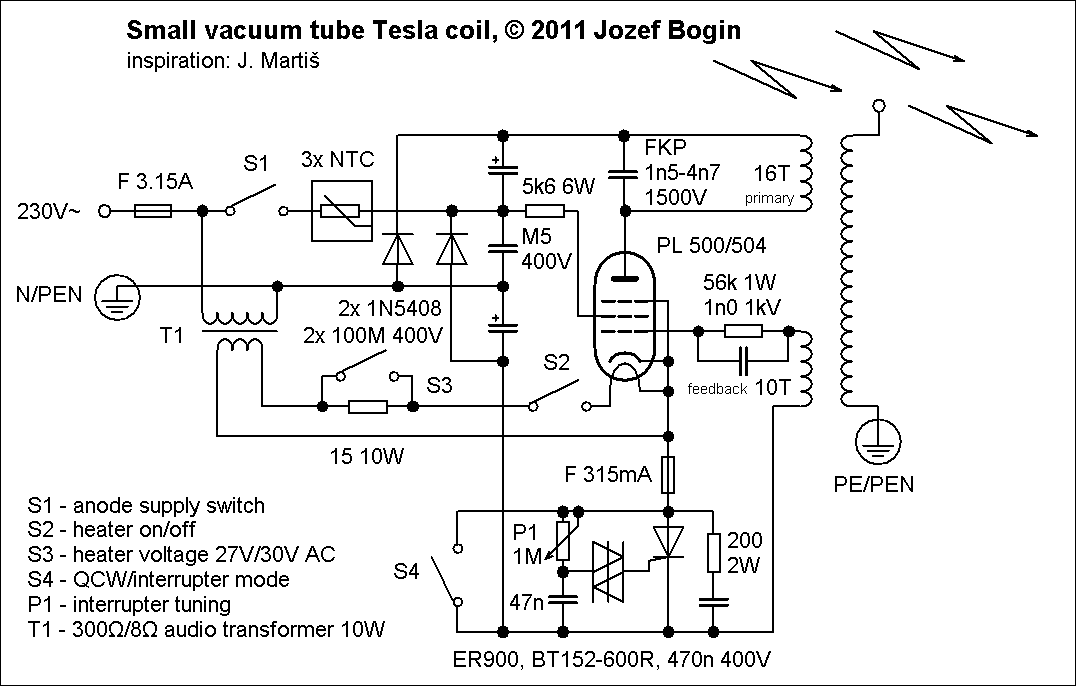 Small Vacuum tube Tesla coil (VTTC) – Circuit Schematic