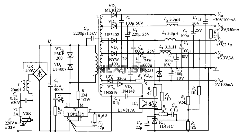 35W switching power supply circuit having a set-top box output of 5 circuit