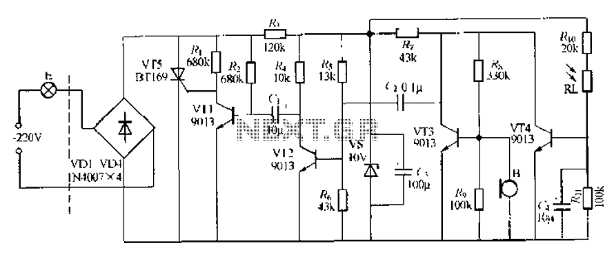 Discrete components sound and light control stairs delay switch circuit 4 circuit