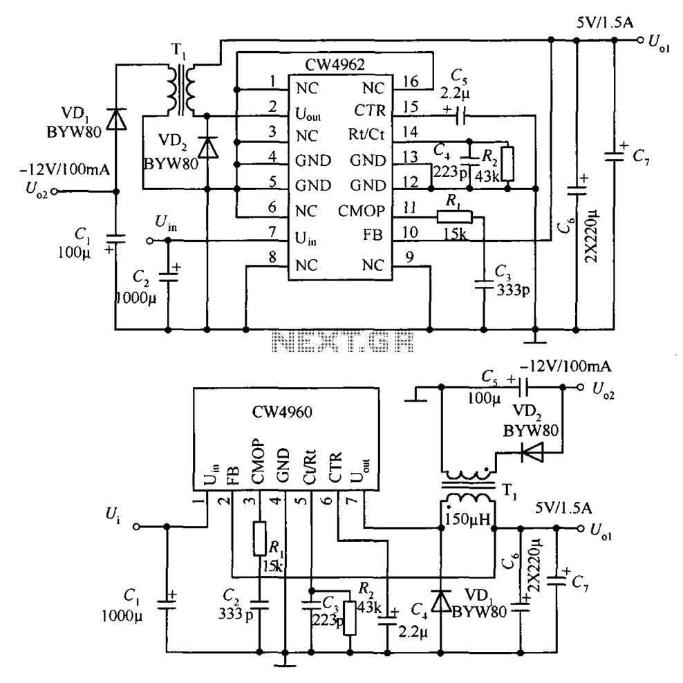 Application Circuit CW4960 CW4962 dual voltage  5V 15A -12V 100mA output circuit