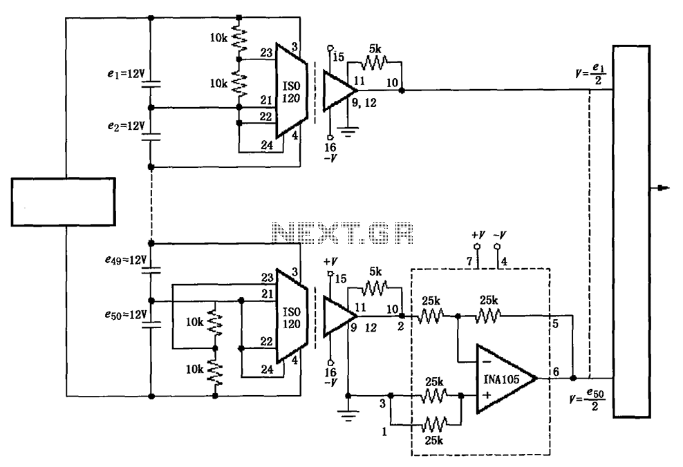 Battery monitoring instrumentation amplifier circuit diagram ISO120 and INA105 multiplexer 600V battery system