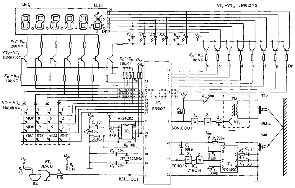 By a clock with a calendar Ultrasonic Ranging IC SB5027 a circuit diagram of an ultrasonic range finder circuit