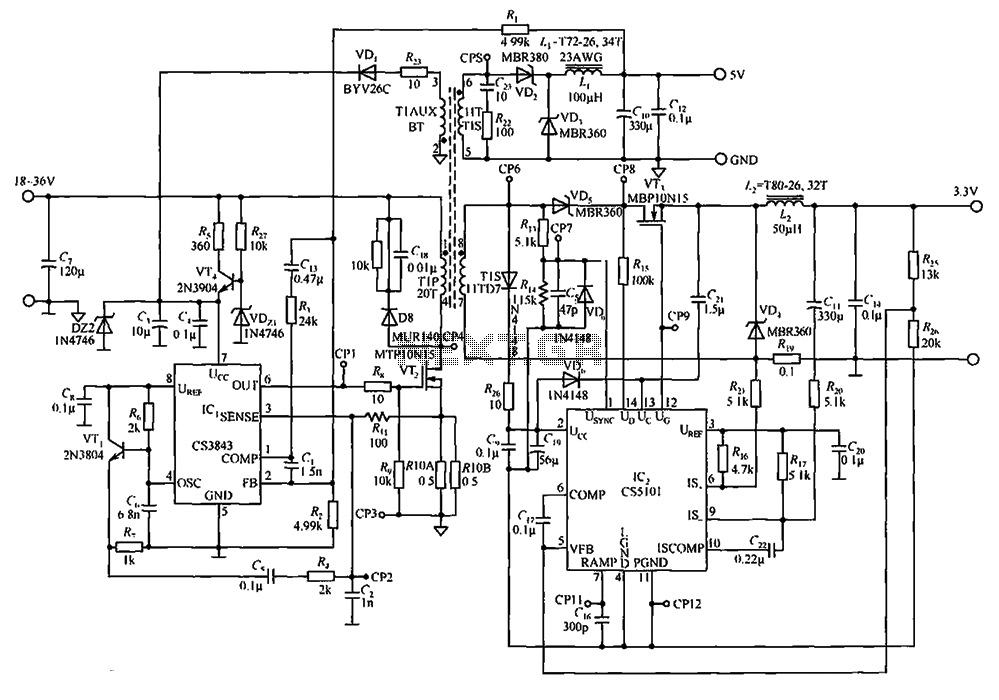 Output by the CS3843 and CS5101 composed of 5V 33V switching DC power supply circuit