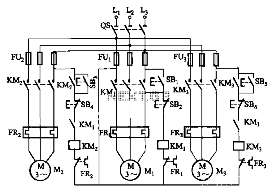 Three motor control circuit start and stop sequence requirements circuit