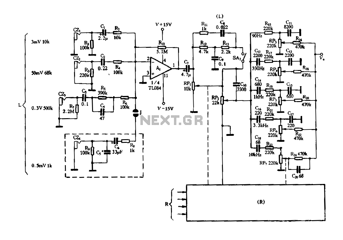 There are preamplifier with four inputs circuit