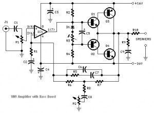 Transistored 10W Audio Amplifier – Circuit Schematic