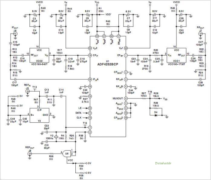 Lowest Phase Noise PLL Synthesizer Using Fractional-N Technology – Circuit Schematic