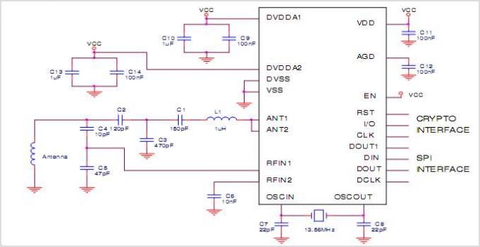 EM4294 13.56MHz Crypto Analogue Front End Circuit For High Secure RFID Communication – Circuit Schematic