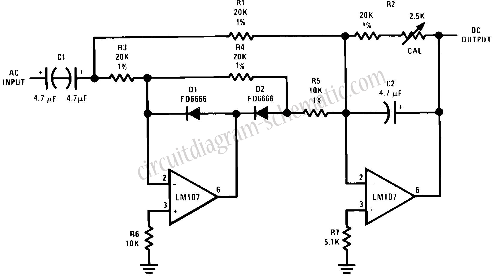 Full Wave Rectifier Circuit with Averaging Filter – Circuit Schematic