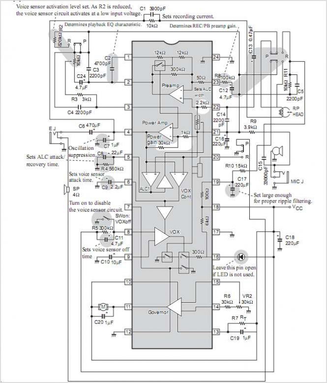 LA4165M Memo REC Micro-cassette Player System With REC/PB Preamplifier ALC Circuit LED Driver Voice Sensor Power Amplifier (4?©) Governor – Circuit Schematic